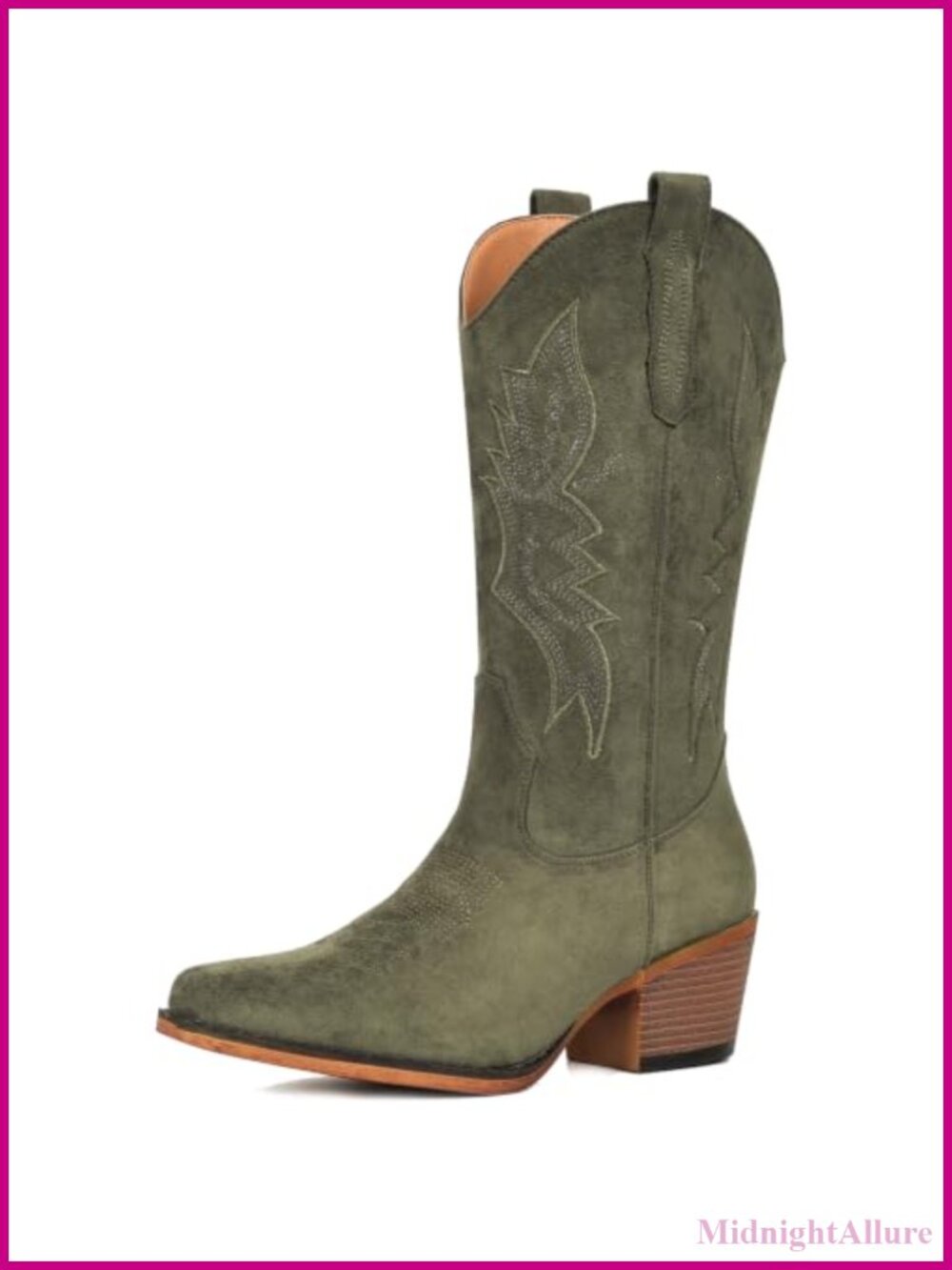 Suede Cowboy Boots Women Mid Calf Western Boots Side Zipper Chunky Heel